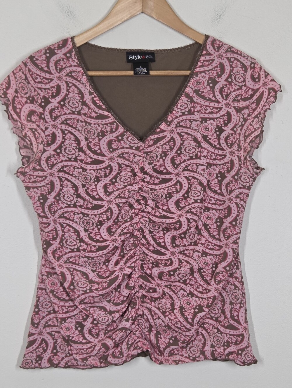 Vtg Y2K Pink Brown Floral Mesh Ruched Top Lettuce Trim L Fairy Grunge Romantic